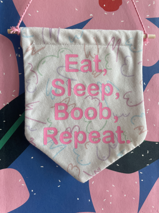 Image shows small cotton banner hanging by a pink thread on a pink and blue floral background. The banner is made from white fabric with a multiple line drawings of boobs in different shapes and sizes in a pastel colour palette. Pink text on the banner reads "Eat, Sleep, Boob, Repeat."