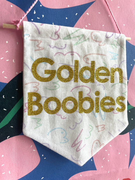 Image shows small cotton banner hanging by a pink thread on a pink and blue floral background. The banner is made from white fabric with a multiple line drawings of boobs in different shapes and sizes in a pastel colour palette. Gold glitter text on the banner reads "Golden Boobies"