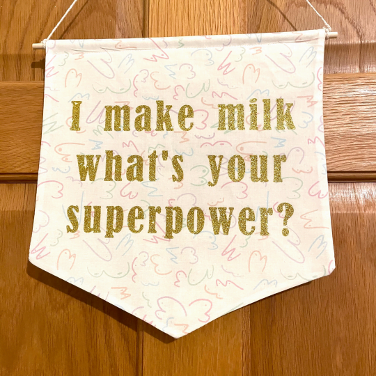 Image shows large cotton banner hanging by a white thread on a wooden door. The banner is made from white fabric with a multiple line drawings of boobs in different shapes and sizes in a pastel colour palette. Gold glitter text on the banner reads "I make milk what's your superpower?"